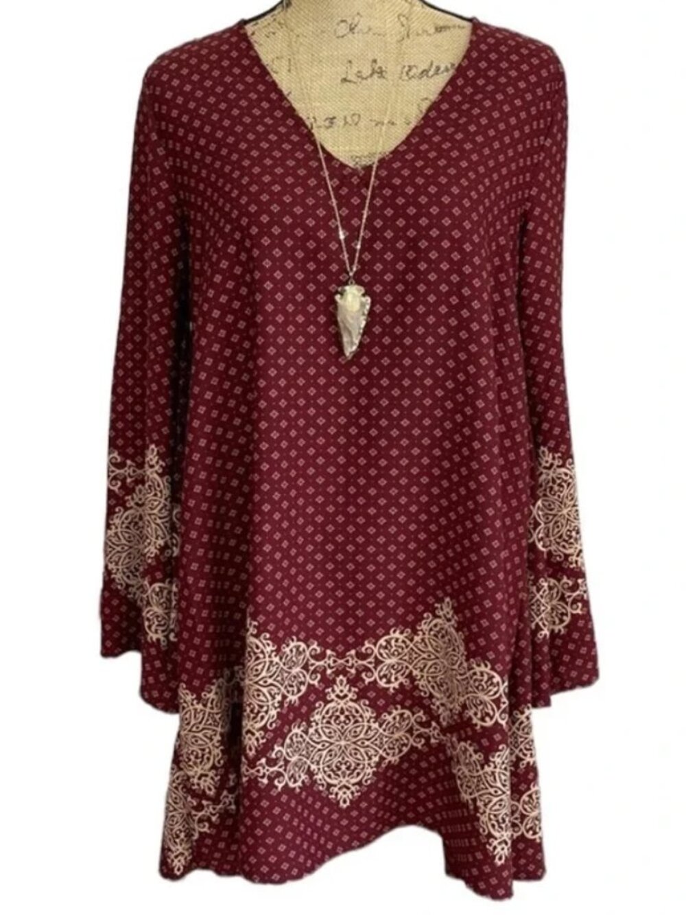 Maroon & Cream Boho Hippie Chic Trapeze Flowy Midi Dress with Floral Accents. L